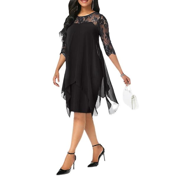 Dame Blonde Panel Trekvartærmet Chiffonkjole BLACK 3XL