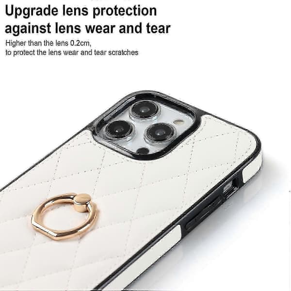 PU-lær + TPU-telefondeksel til iPhone 13 Pro Max, sydd rombe-ringholder med støtte White