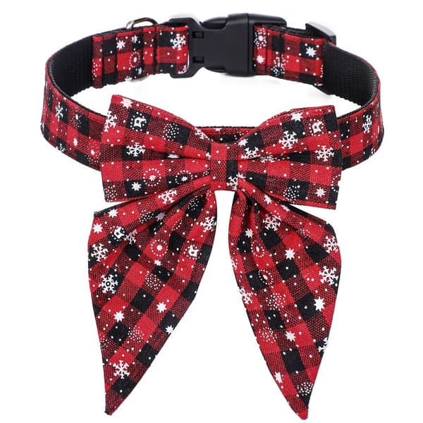 Julehalsbånd til hunde med butterfly, nylon, rød og sort plaid, justerbart, store hunde