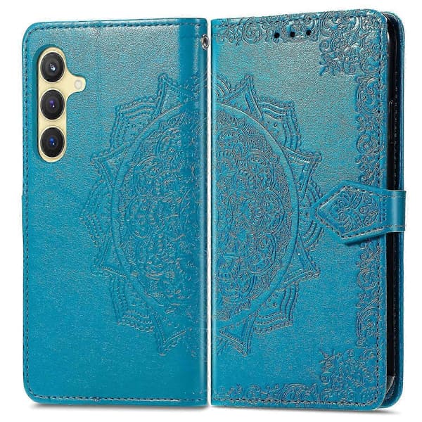 Wallet Case til Samsung Galaxy S25 Mandala Blomst Læder Telefon Cover Stativ - Sort Blue