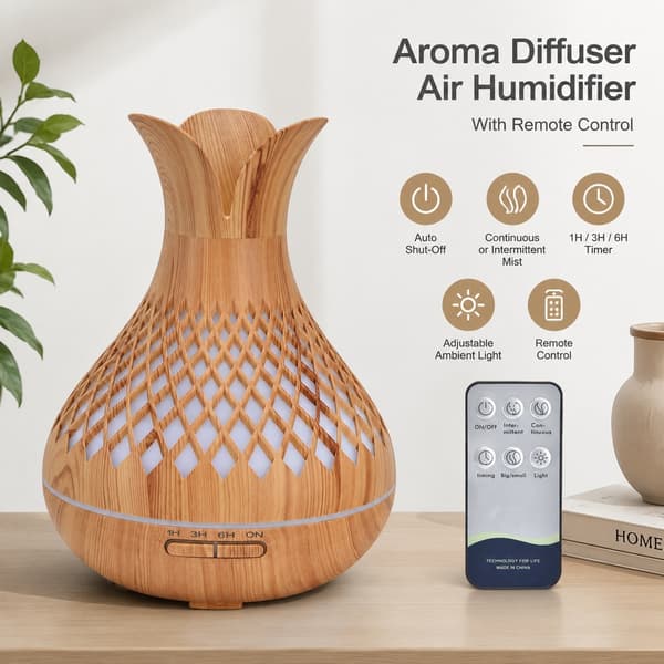 Aromaterapi Luftfugter 500ml, Trækorns Diffuser, Lav Støj, Farverige LED Lys, 100-240V