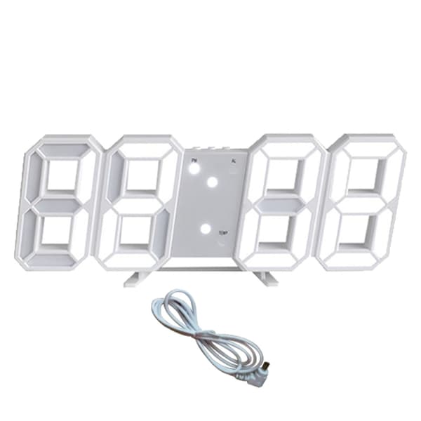 3D LED Digital Väggklocka med Temperaturdisplay, Dimbar Nattlampa, Vit