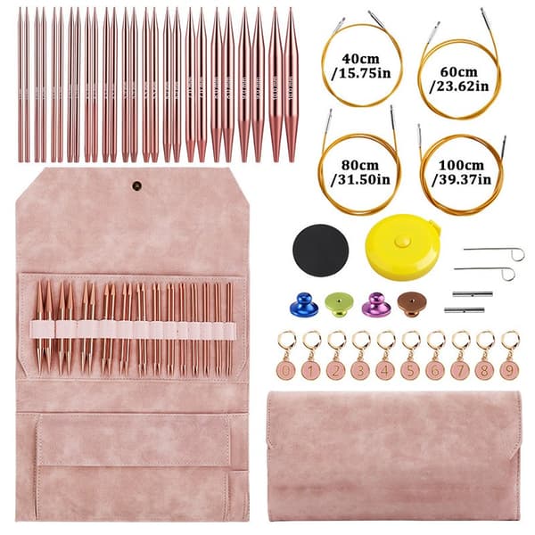 13 par utskiftbare sirkulære strikkepinner, 3,0-10,0 mm, aluminiumslegering, rosa