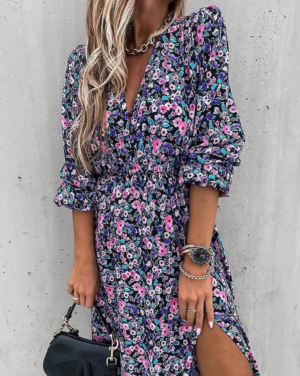 Blomstrete kjole med V-hals og splitt for damer BLUE XL
