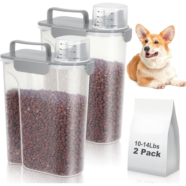 Foderbehållare för husdjur, 2L/5L, bärbar för torrfoder, BPA-fri plast med lock, måttkopp och hällpip Light Grey