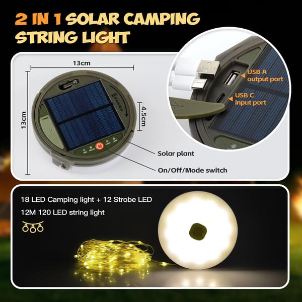 10m solcellelyslenke, 100 LED, USB-lading, brukt til camping, hager og gårdsplasser.