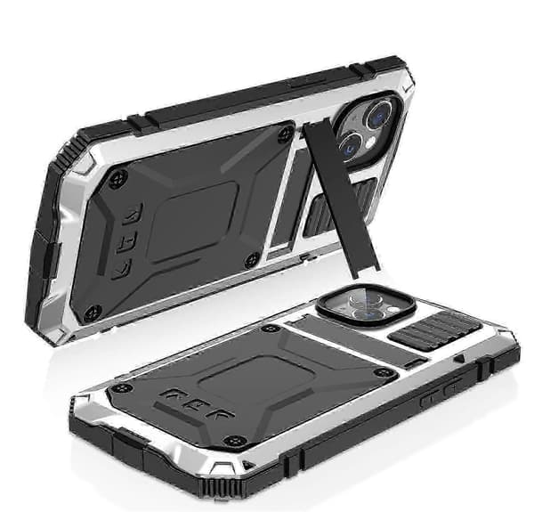For iPhone 14 Plus R-JUST Støtsikkert Vanntett Støvtett Deksel med Holder Silver