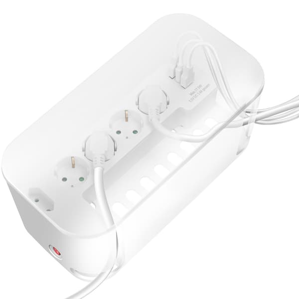 Kabelhåndteringsboks med strømskinne, 5 uttak, 3 USB-porter, hvit