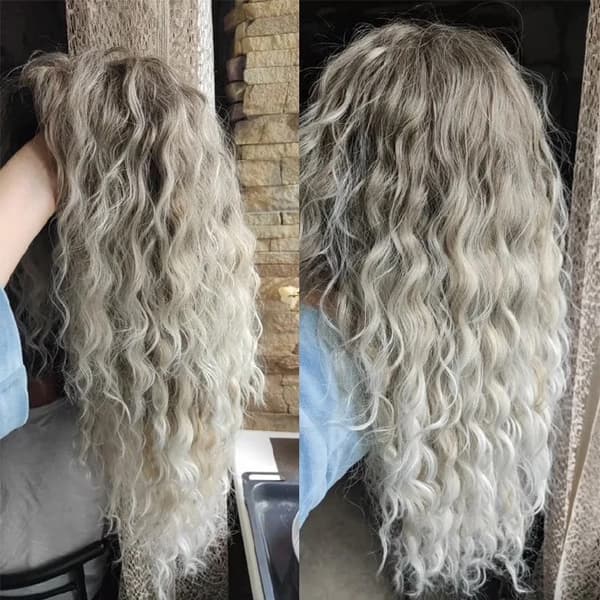 28 tommer lang Ombre Blond Krøllet Paryk til Kvinder - Gradient Askeblond Syntetisk Hår