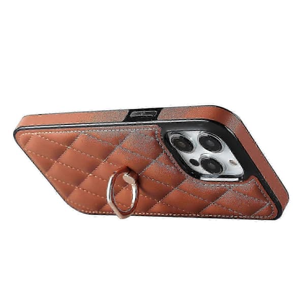 PU Läder+TPU Telefonfodral för iPhone 13 Pro Max, Sydd Romber Ringhållare Ställ Telefonöverdrag Brown