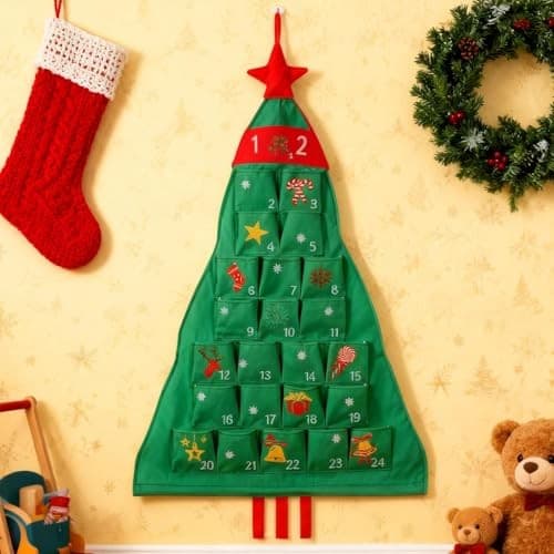 Adventskalender i stoff, 24-dagers juletreformet oppbevaringspose, gjenbrukbar nedtelling