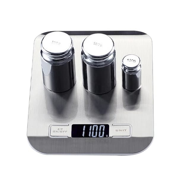 Digital køkkenvægt, rustfrit stål, 5 kg/1g, LCD-display, grå, automatisk tara