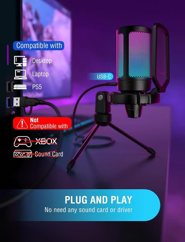 A6V RGB Kondensator Gaming Mikrofon til PC, Kardioid, Hurtig Mute, Gain-knap - Sort
