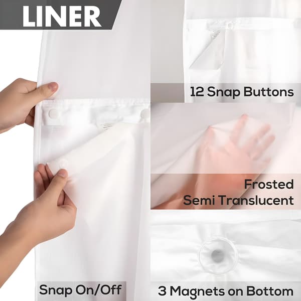 Extra långt duschdraperiset 71x86, vitt, slub-texturerat tyg med vattentät PEVA-foder, genomskinligt toppfönster
