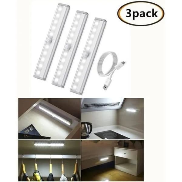 Vit LED-rörelsesensorlampa, USB-uppladdningsbar, 3-pack, 10 lysdioder, automatisk på för garderobshall