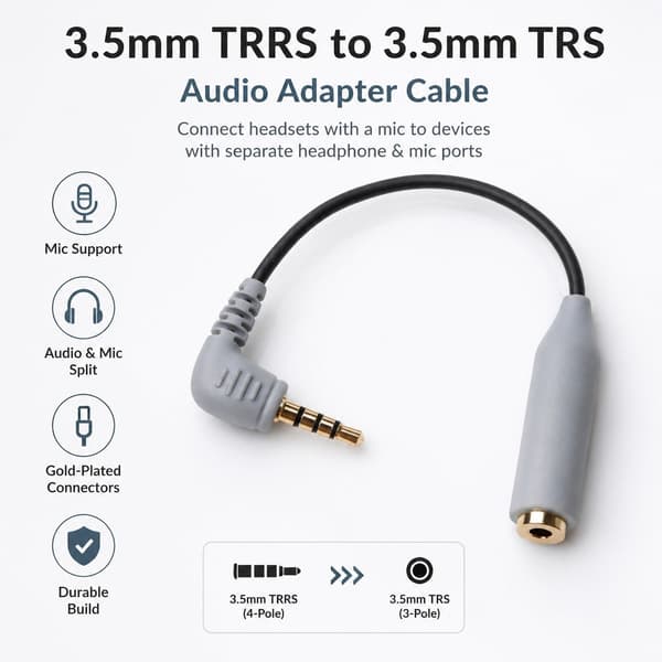 3,5 mm TRS till TRRS mikrofonadapter, guldpläterad, skärmad, 60 mm