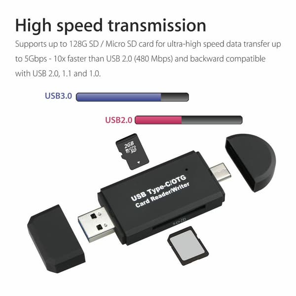 USB C USB 3.0 minnekortleser for SD/TF-kort, 3-i-1, bærbar, OTG