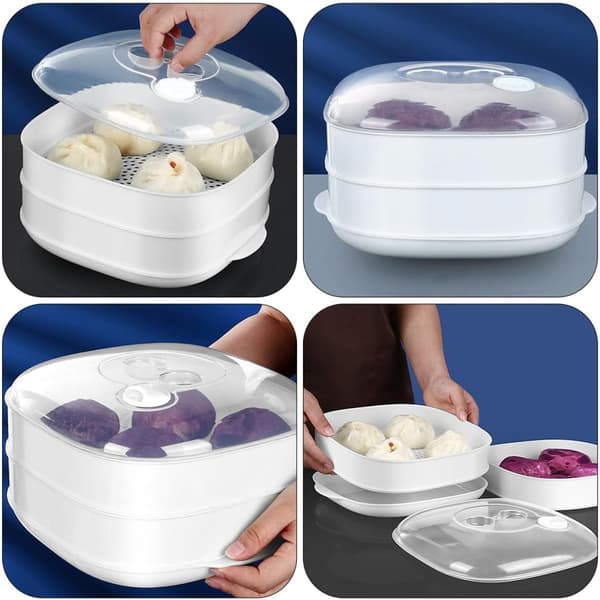 Mikrovågsugn Plast Tvålagers Ångkokare med Lock för Matlagning av Ris och Dumplings, Vit