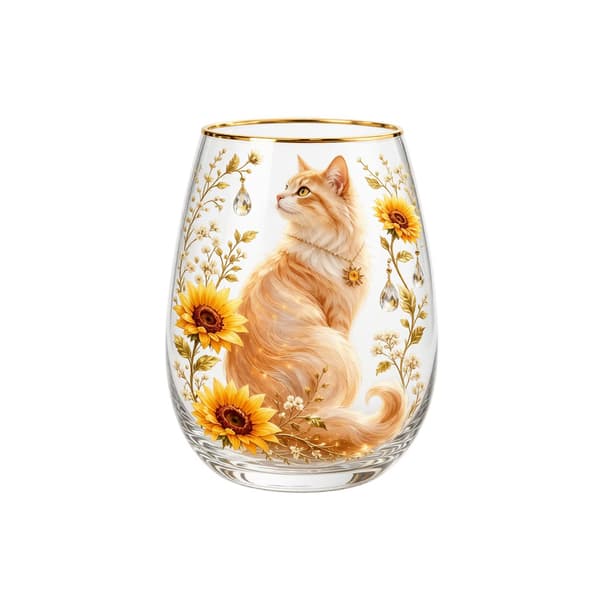 Kattglas med blommig konst, dricksglas för kattälskare, heminredningspresent för kvinnor