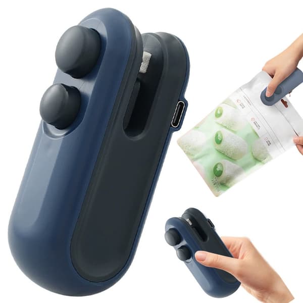 2-i-1 Folieposeforsegler og -åbner, USB Genopladelig, Bærbar Køkkengadget DarkBlue