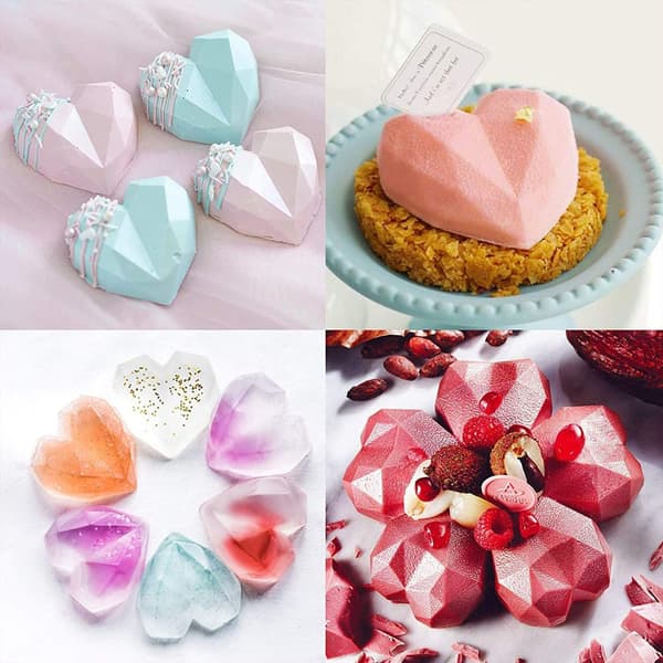 Vit 8-håls hjärtdiamant silikonform för mousse, tårta, choklad, DIY-bakning