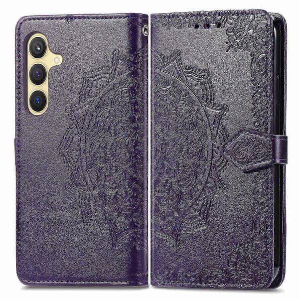 Wallet Case til Samsung Galaxy S25 Mandala Blomst Læder Telefon Cover Stativ - Sort Purple
