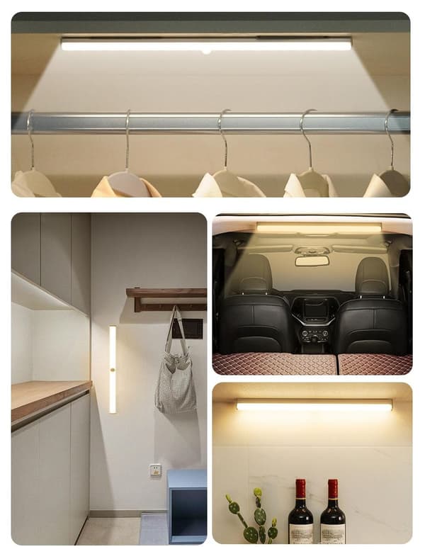 LED bevegelsessensorlys, 30 cm, 3 lysstyrkenivåer, USB oppladbart, for skap, garderobe, trapper