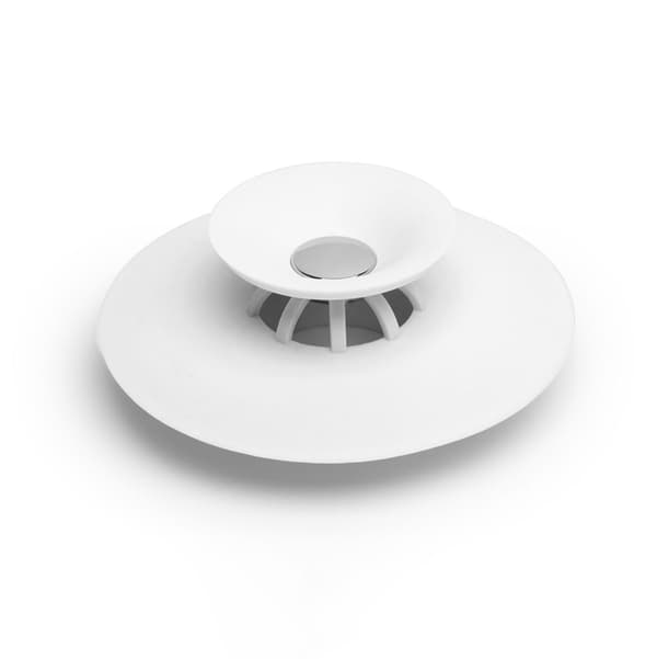 Silikon badekaravløpspropp med hårfanger, hvit, 10 cm, for vask og dusj