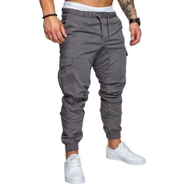 Herr-cargobyxor, grå, multi-fickor joggers med elastisk midja, bomullsblandning