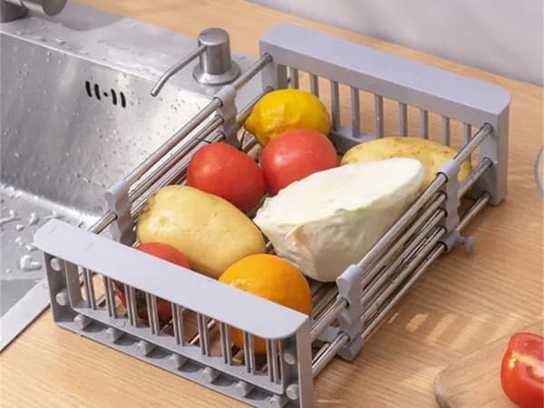 Teleskopiskt diskställ, grå, justerbar diskho för frukt och grönsaker, köksorganisatör