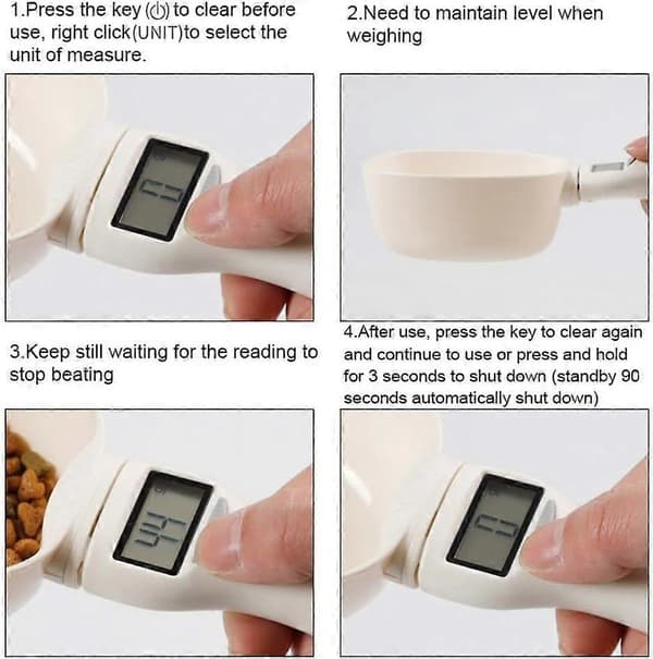 Sæt med 4 digitale måleskeer 250 ml med LED-display - køkkentilbehør til kæledyrsfoder, bagning, grill