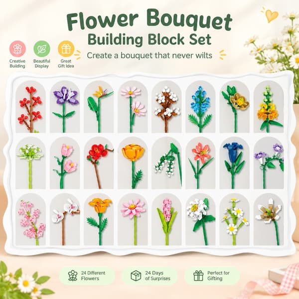 Blomsterbuket Byggeklodser, Tusindfryd, Jule-nedtælling Blind Box Gave