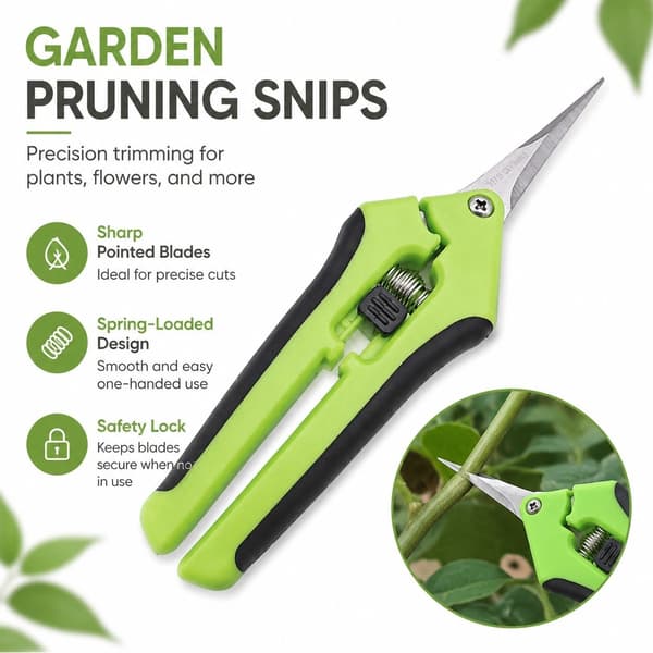 Beskæresaks i rustfrit stål, sort og grøn, 19 cm, ergonomisk havesaks til planter