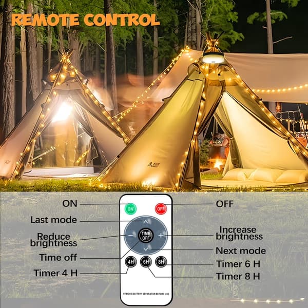 10m solcellsljusslinga, 100 LED, USB-laddning, används för camping, trädgårdar och innergårdar.