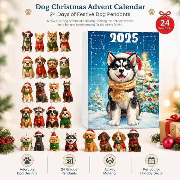 Hund Julkalender 2025, 24-dagars akrylhänge, 11x7,9 tum