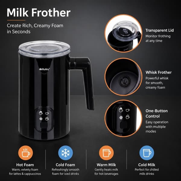 Elektrisk mælkeskummer, sort, 400W, 160ml skumning 350ml opvarmning, rustfrit stål, non-stick, til cappuccino latte