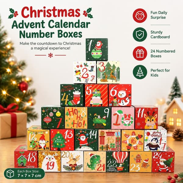 Julekalender nummerbokser, flerfarget pappnedtelling, 7x7x7cm, barn