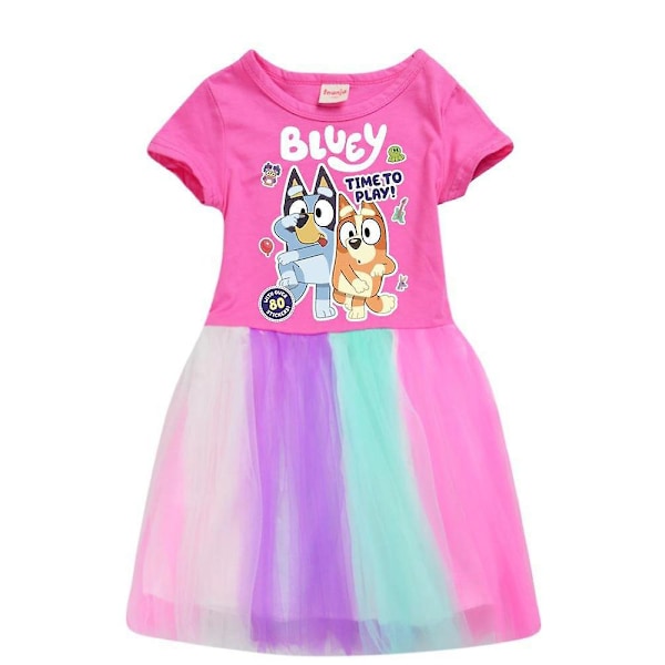 Blåa tryckta klänningar sommar casual semester prinsessa fest regnbåge kjol klänning presenter 3-12 år flickor[HK] Rose Red 5-6 Years