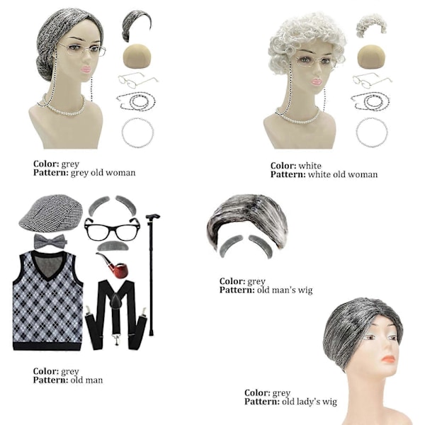 Nyhet Gammal Dam Kostym Set Grå Mormor Peruk Cosplay Set Scenshow Kostym[HK] Only Old Lady Wig
