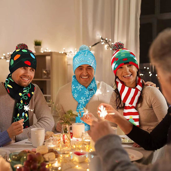 Hatt- och Halsduksset med LED-lampor Julhatt Snöflinga Tomteälg Julgran Festlig Tofs Halsduk Mössa Set Himmelblå