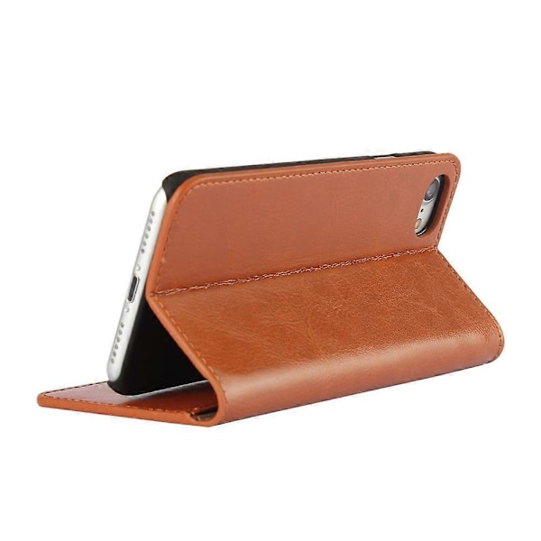 För iPhone SE (2020)/SE (2022)/8/7 4.7 tum Oljekantad Crazy Horse Äkta Läder Fäst Hårt PC Inre Fodral Plånbok Ställ Flip Telefon Skal[HK] Brown