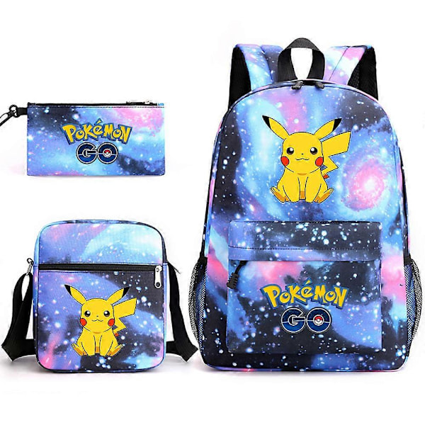 Pikachu Skolväska Ryggsäck Pennfodral Axelväska Tre-delad Set[HK] Starry blue