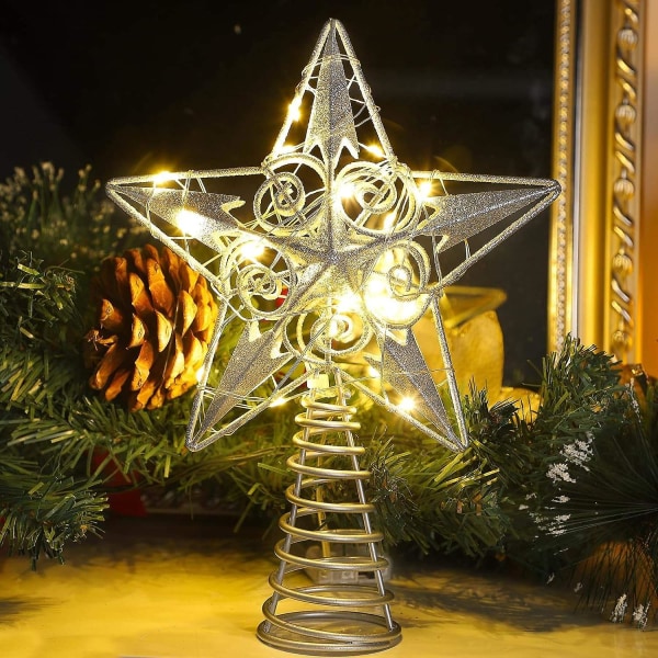 Tähtipuun latva, 20 LED-valoa, hopealla valaistu joulukuusenkoriste, 9 tuumaa (H)[HK] Silver