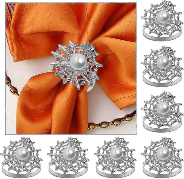Halloween servettringar set om Acsergery 8 silver pärla servettringar diamant spindel servett present [HK]