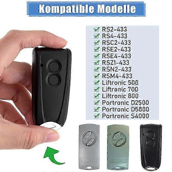 2 stk. Garageportåbner Fjernbetjening til RSC2-433 RSE2-433, RSZ1-433, Gate Håndholdt Sender til Liftronic[HK] Black