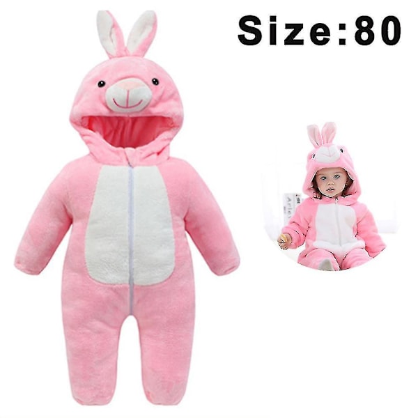 Bran Unisex Baby Romper Cute Warm Stitch Animal Long Sleeves Zipper Thickened Fleece Autumn Winter Children's Clothing[HK] pink 80cm