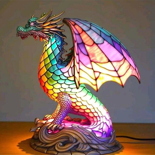 HK  Djur Bordslampa Tiffany Glas Färgat Nattljus Retro Skrivbordslampor Julgåva Dragon 15cm