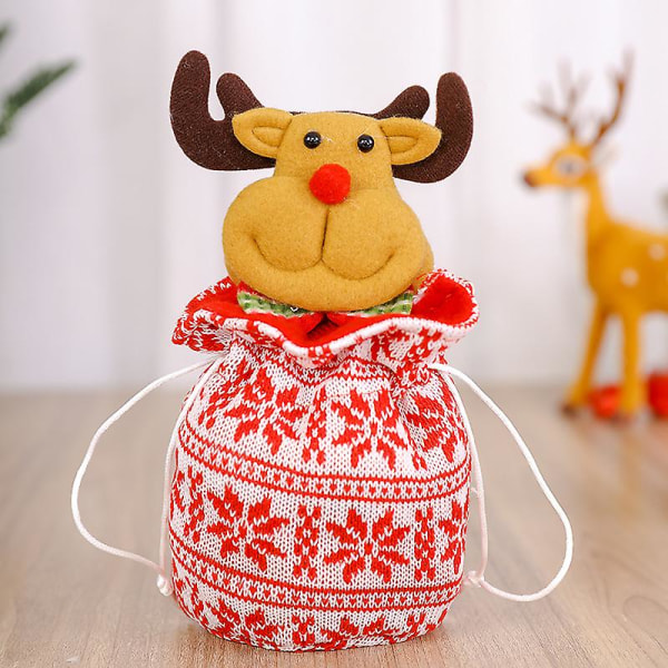 Julegaveposer med snor, 3D-design eplegaveposer, julegodteripose strikket hjort eplepose [HK] Knitted deer apple bag