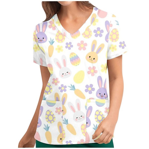 Dame Påske Print Medisinske Scrubbs Sykepleieruniform Kort Erm Pockets Topper T-skjorte[HK] S Ivory White