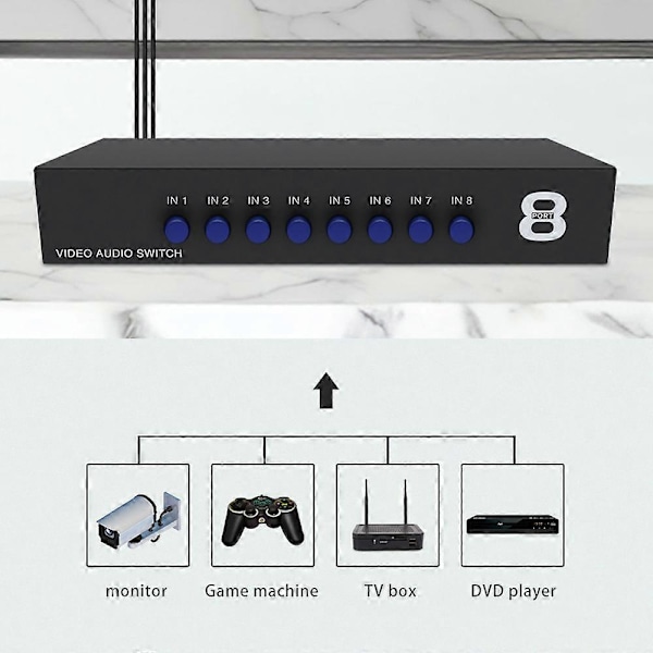 8 Port RCA Komposit Audio Video AV 8-vejs Switch Vælger Switch Splitter Boks [HK]